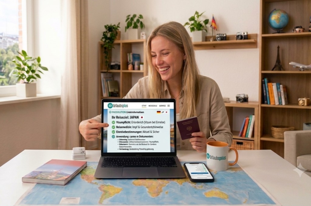 Eine junge Frau am Tisch mit Reisepass zeigt lächelnd auf einen Laptop, der Reise- und Impfhinweise im Urlaubsplus-Design anzeigt.